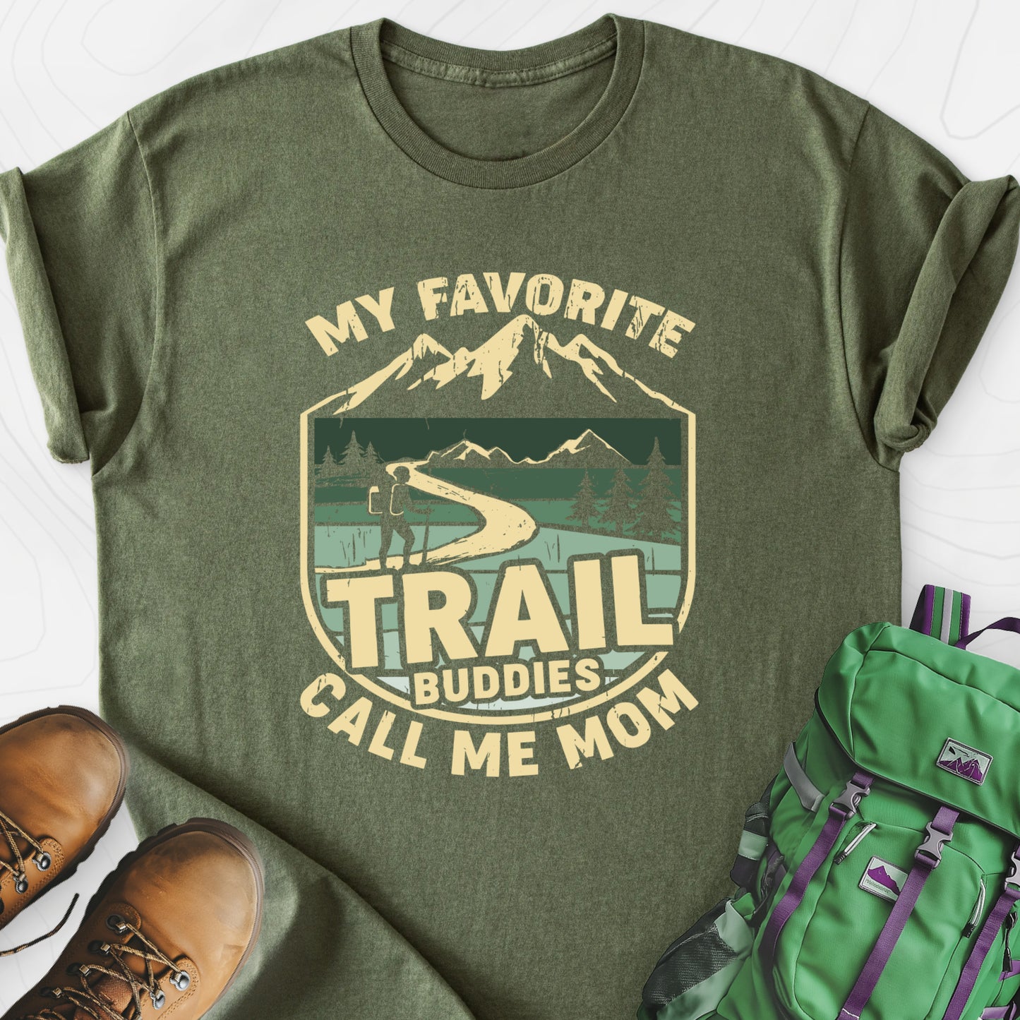 Trail Buddies Military Green front print lightweight T-shirt