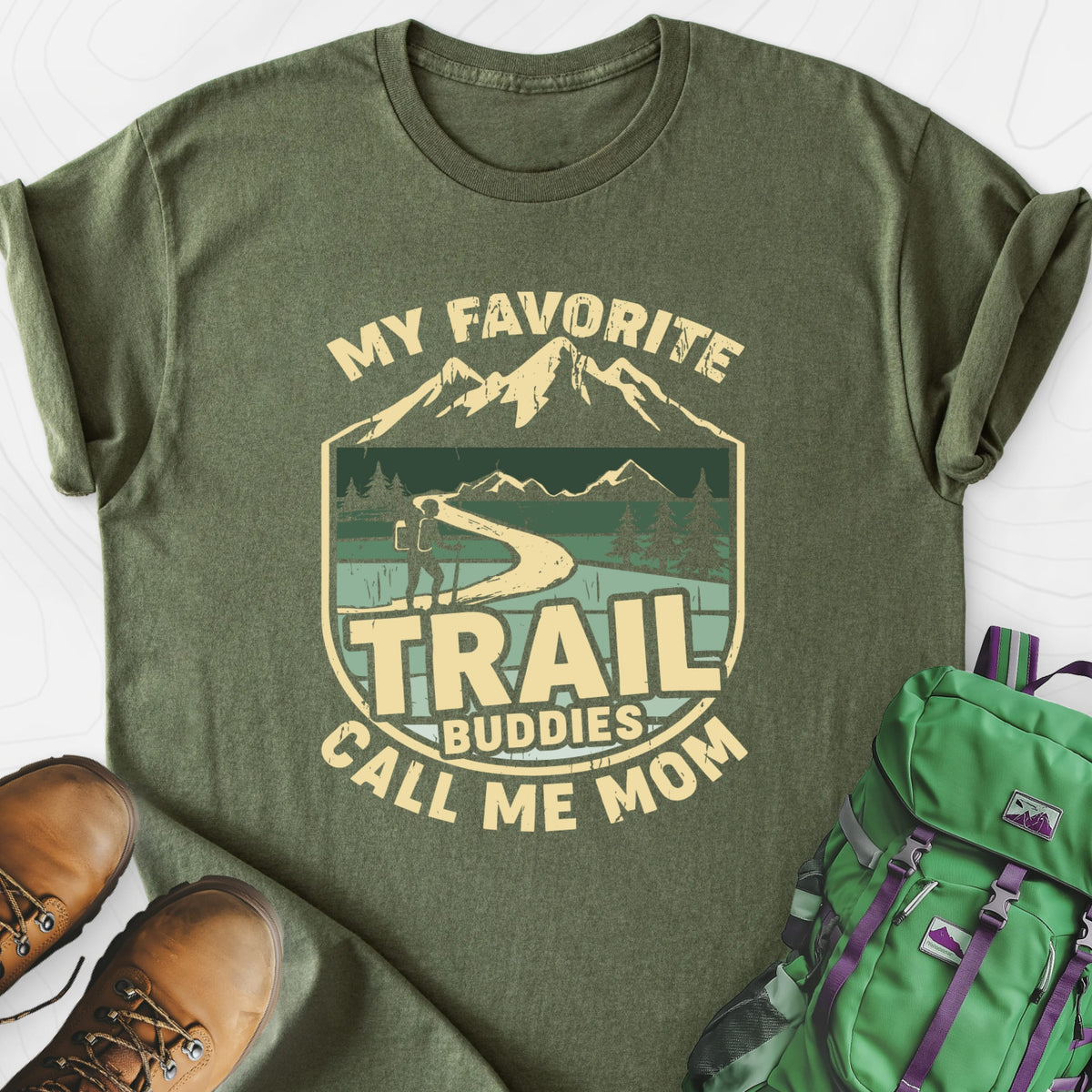 Trail Buddies Military Green front print lightweight T-shirt