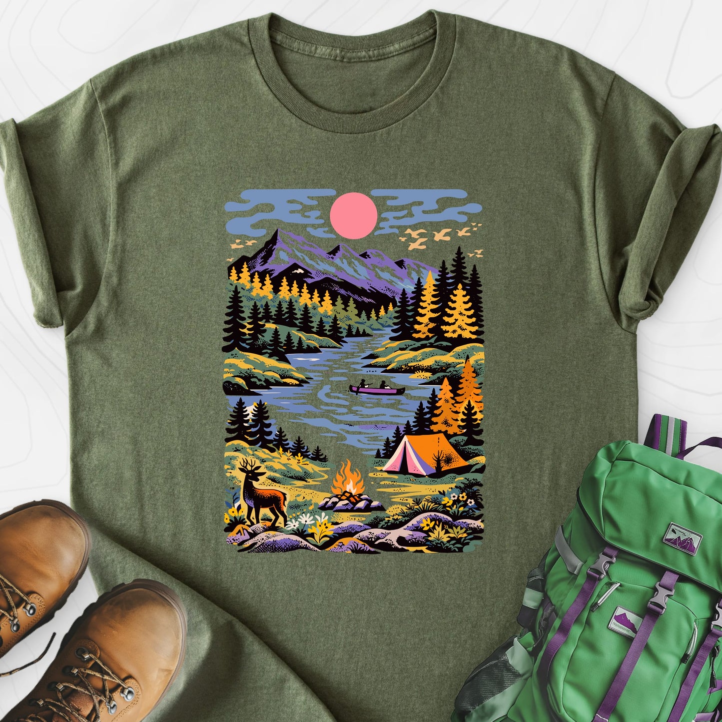 Wilderness Canoe Military Green front print lightweight T-shirt