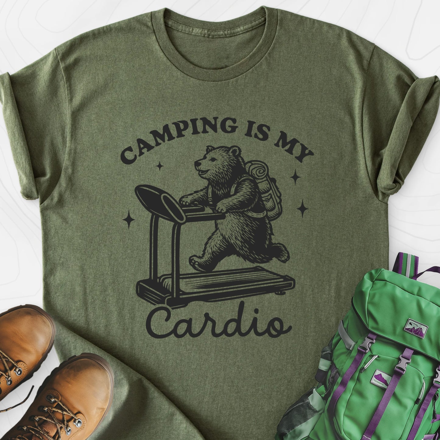 Camping Cardio Military Green front print lightweight T-shirt