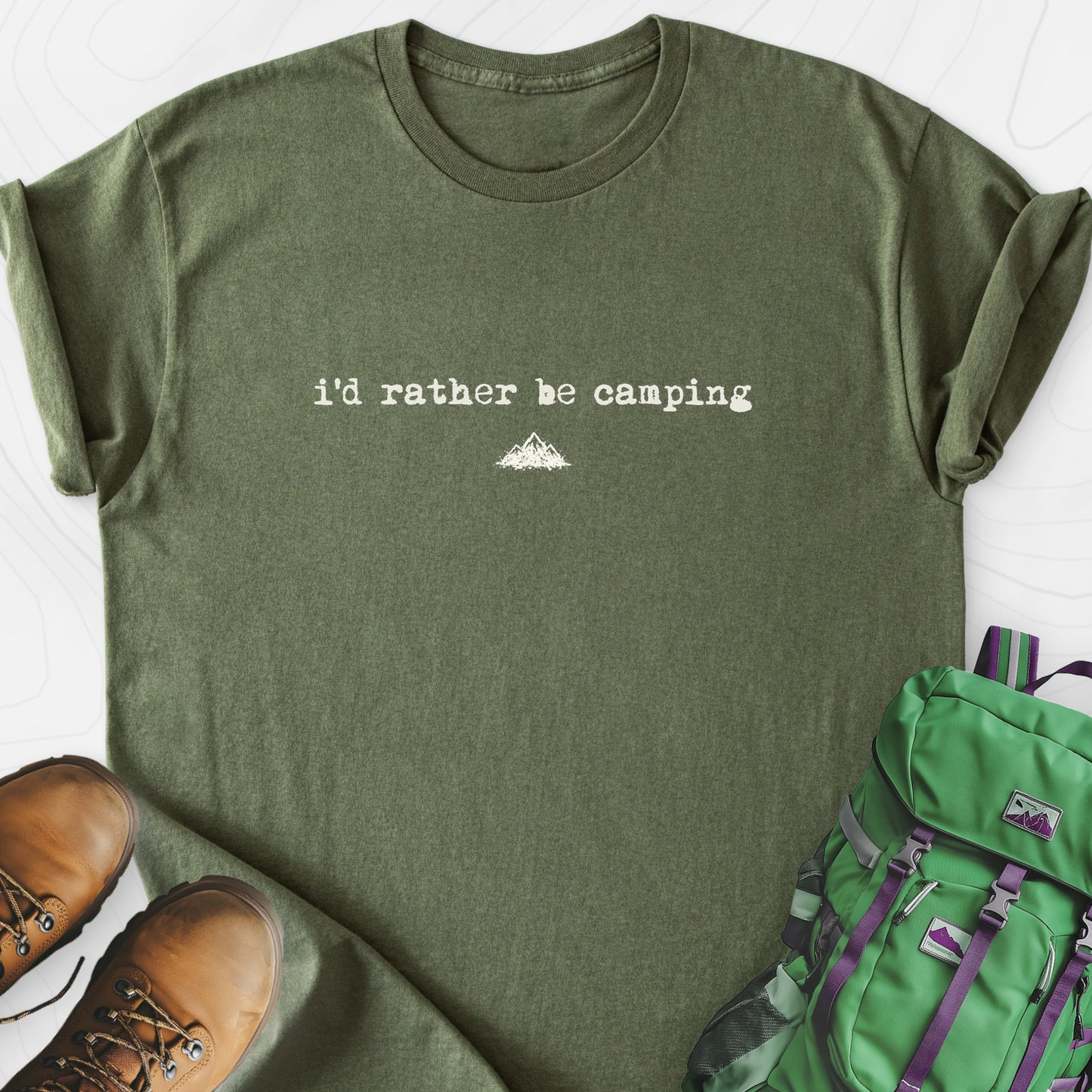 Rather Be Camping Military Green front print lightweight T-shirt