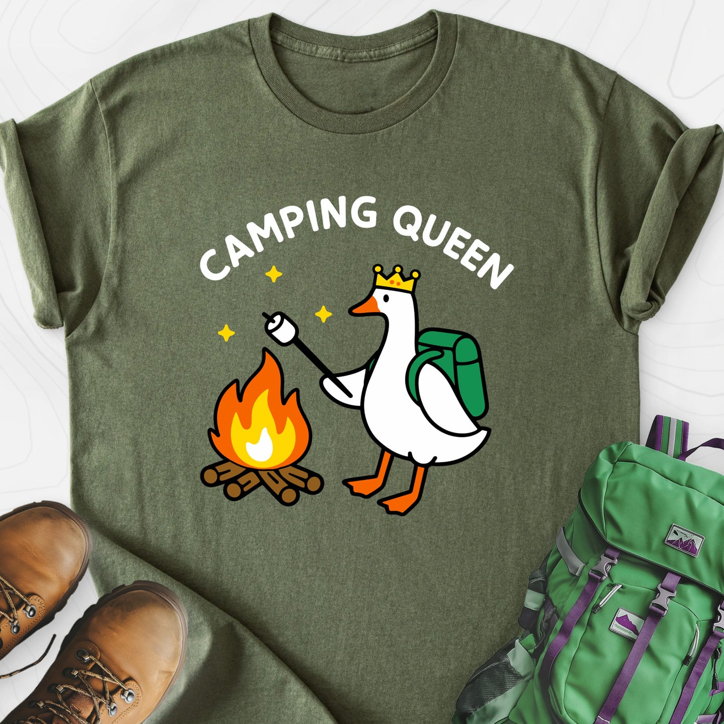 Camping Queen Military Green front print lightweight T-shirt