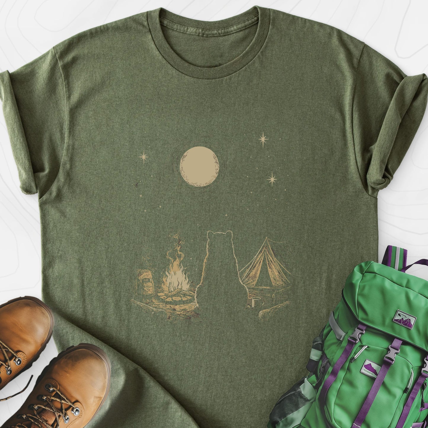 Moonlit Camp Military Green front print lightweight T-shirt