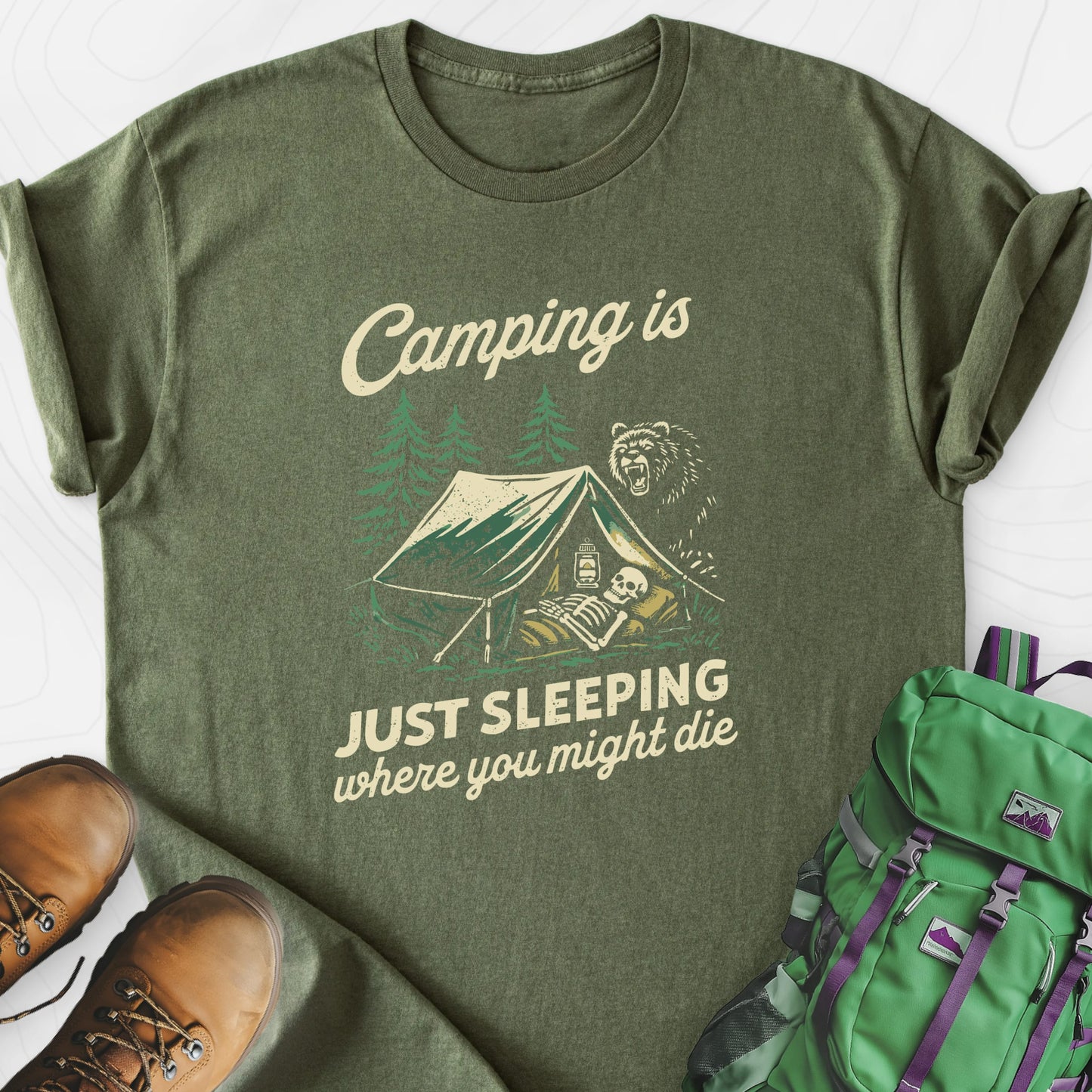 Camping Is Just Sleeping Military Green front print lightweight T-shirt