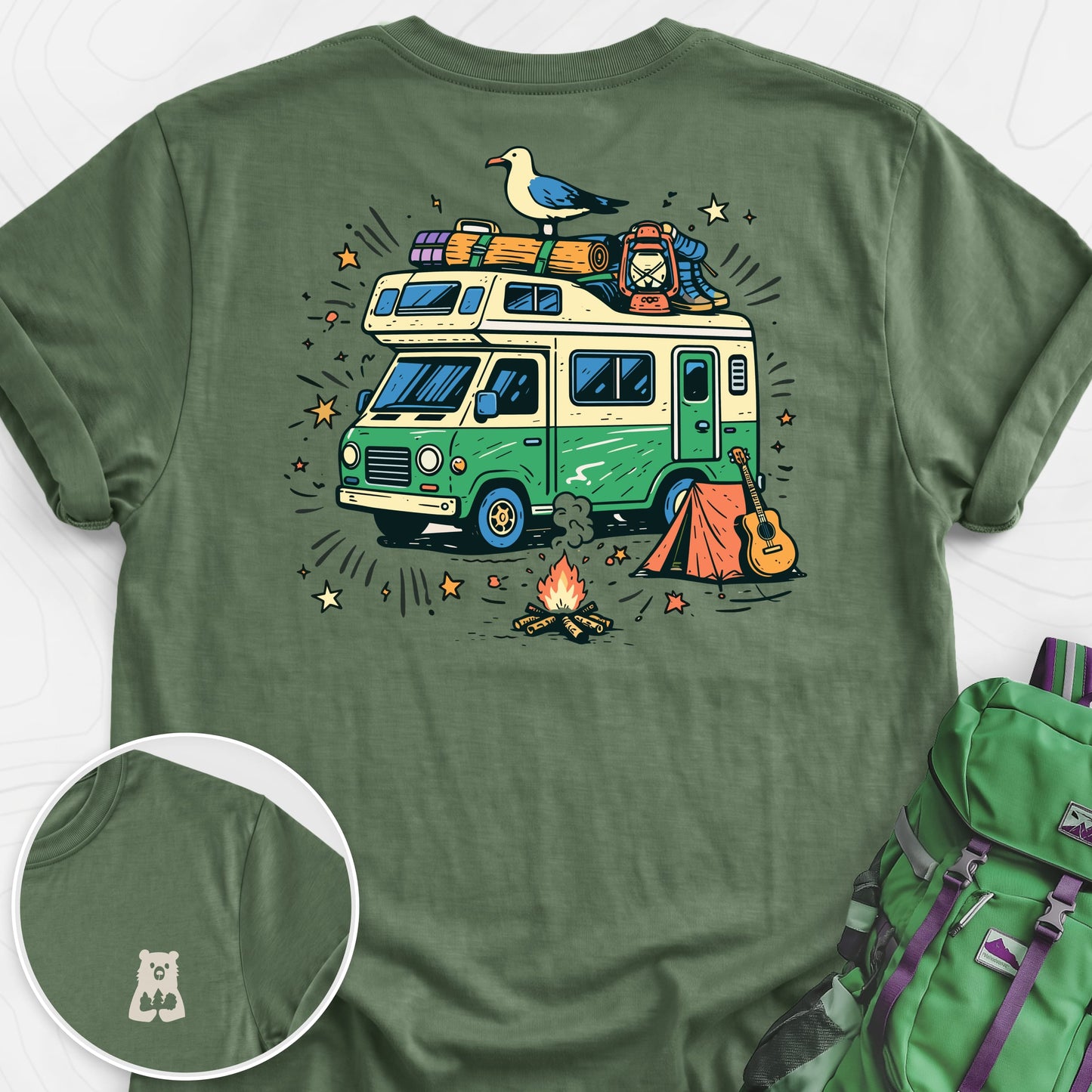 Adventure Camper Military Green back print lightweight T-shirt