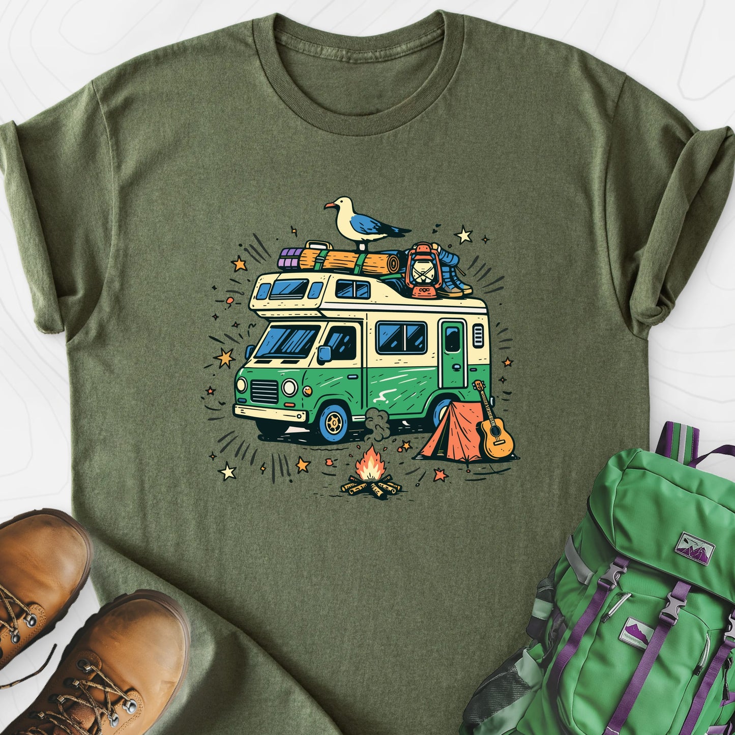 Adventure Camper Military Green front print lightweight T-shirt