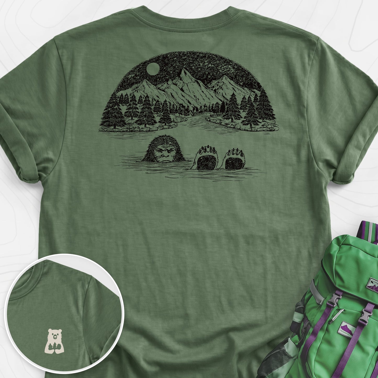 Lake Bigfoot Military Green back print lightweight T-shirt