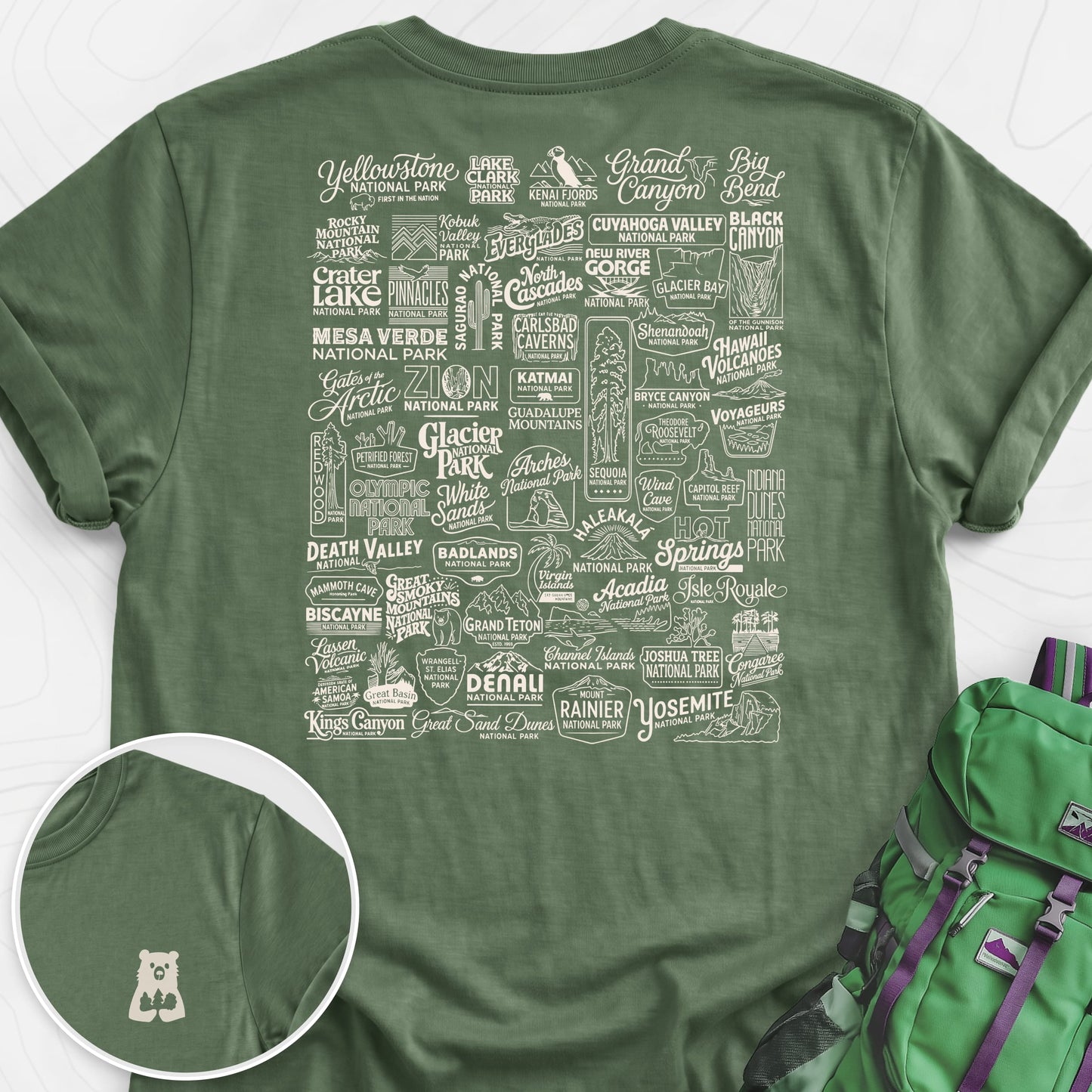 National Parks Military Green back print lightweight T-shirt