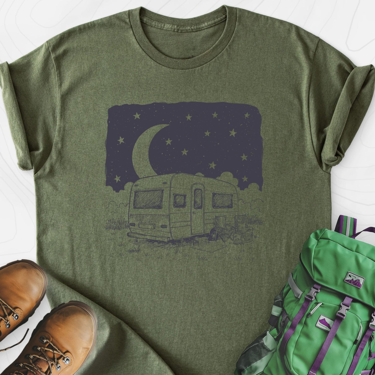 Night Camper Military Green front print lightweight T-shirt