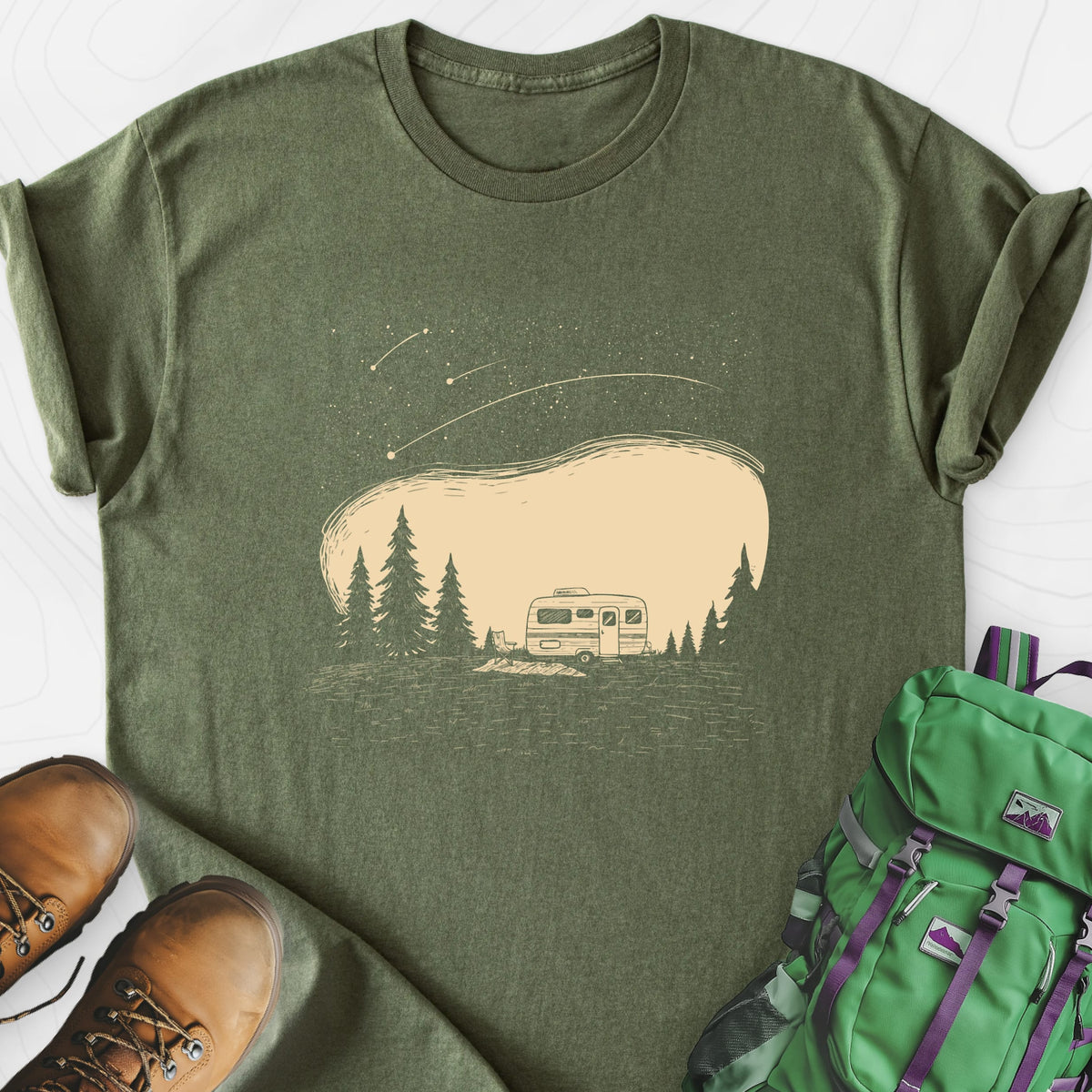 Shooting Star Camper Military Green front print lightweight T-shirt