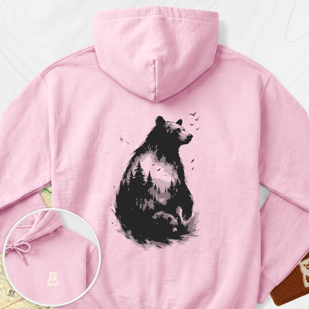 Bear Silhouette Back Print Hoodie - Light Pink