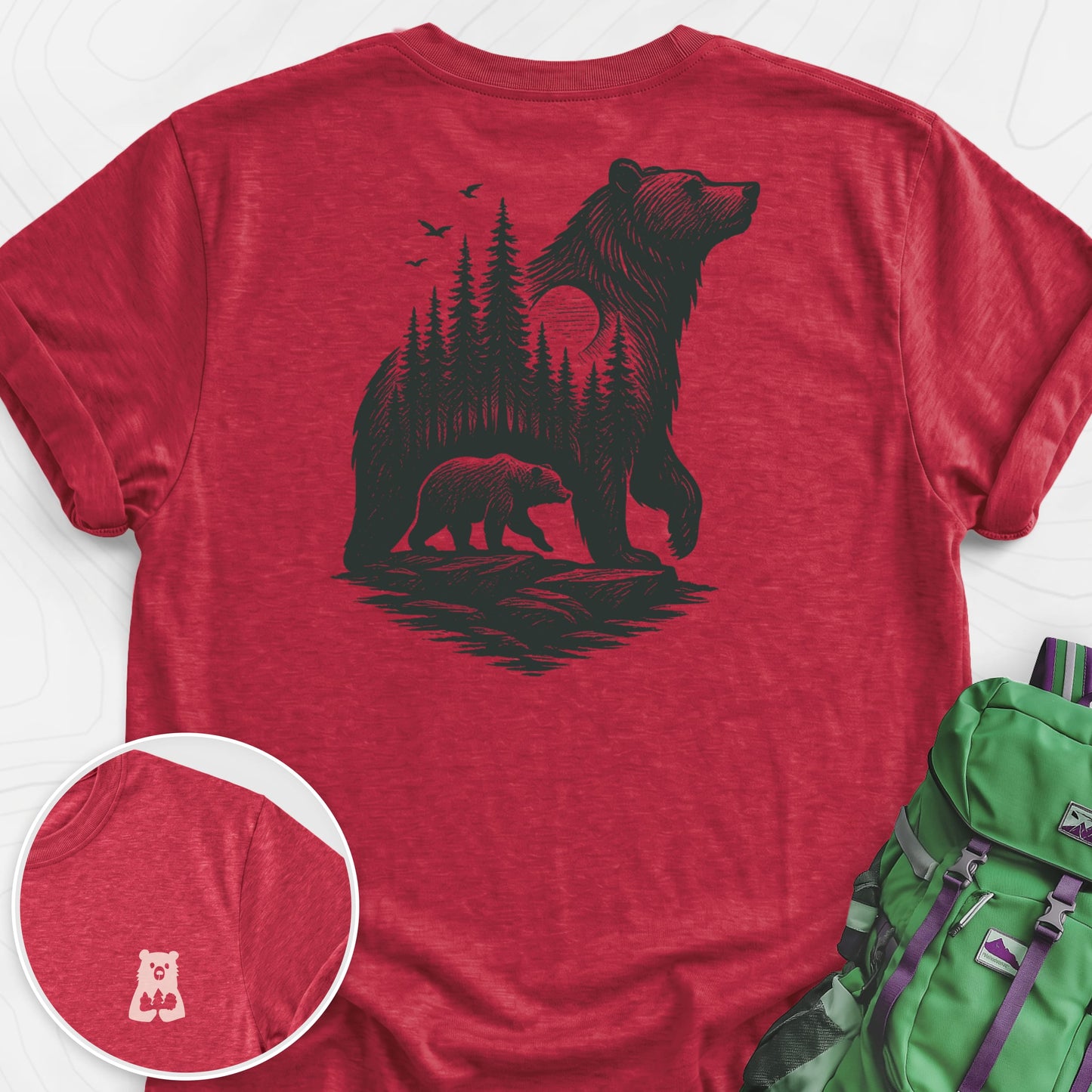 Bear Cub Silhouette Heather Red back print lightweight T-shirt