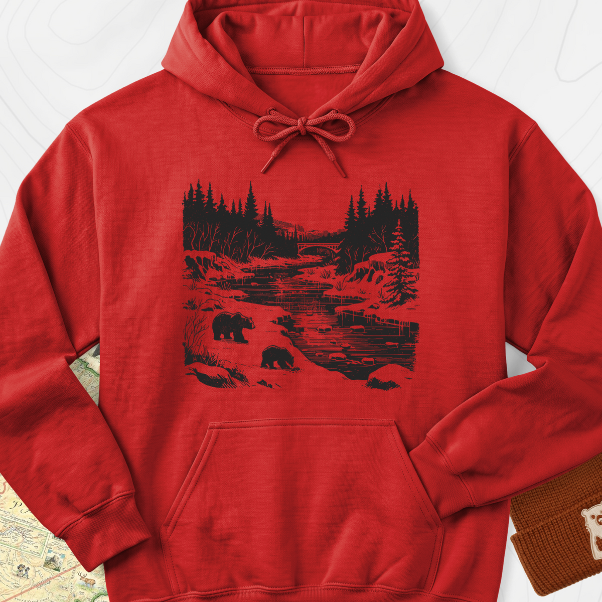 River Bear Scene Hoodie - Red