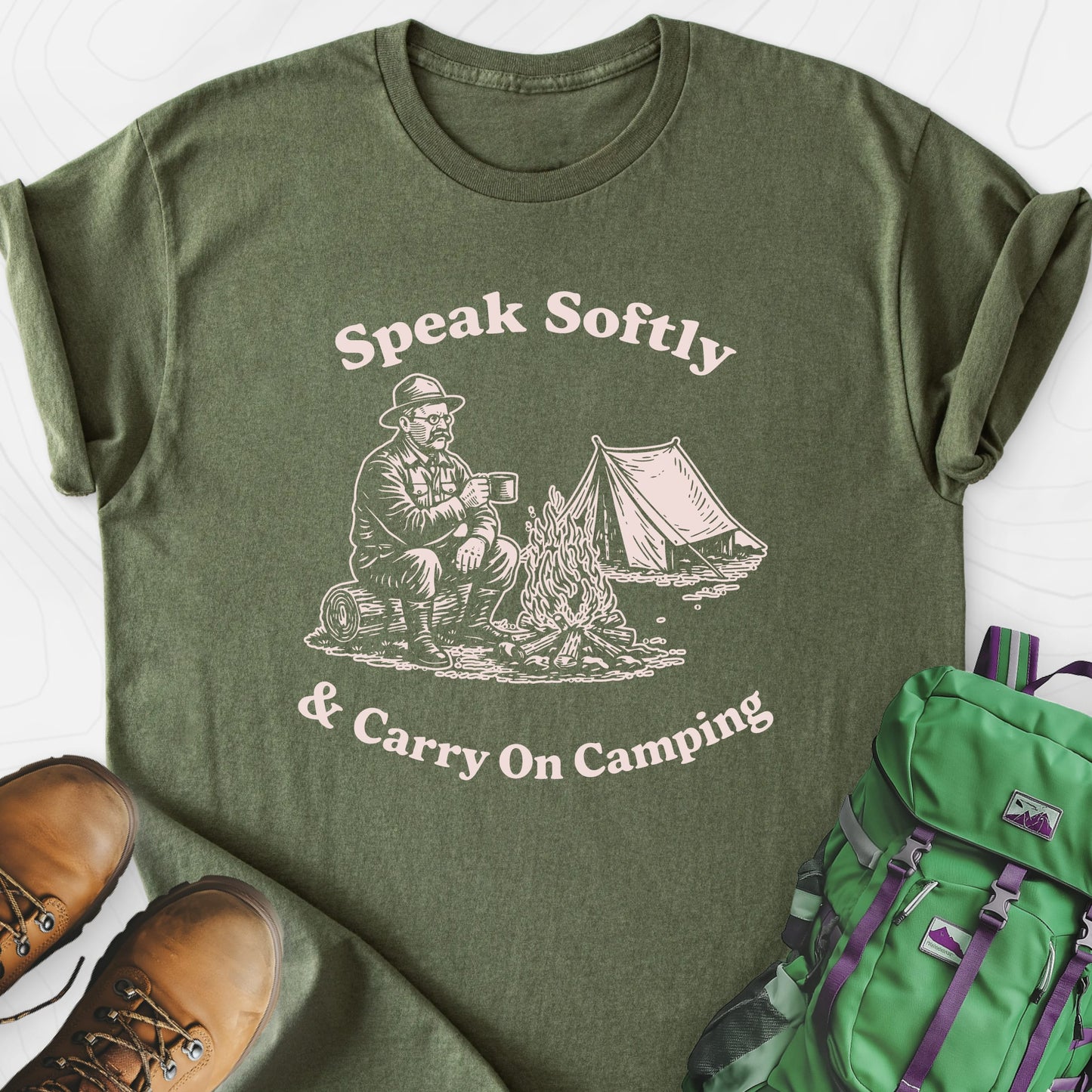 Speak Softly Campfire Military Green front print lightweight T-shirt