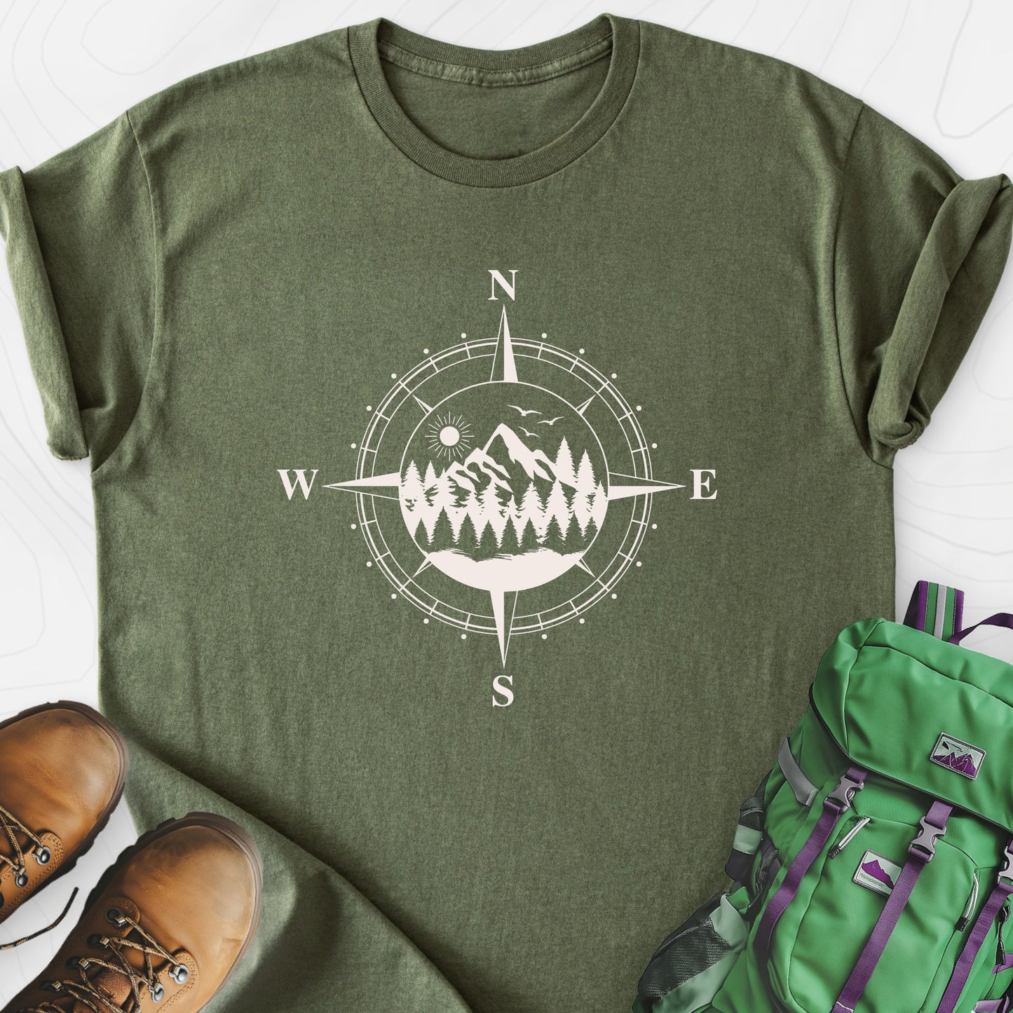 Compass in the Mountains Military Green front print lightweight T-shirt