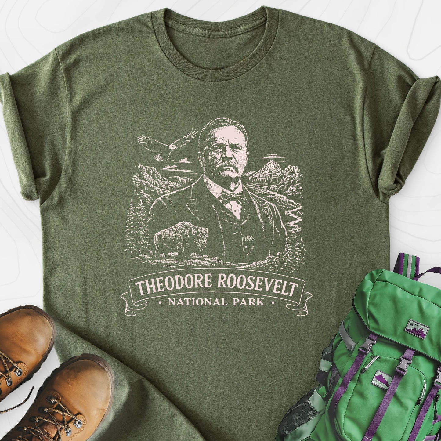 Roosevelt Mountain Badge Military Green front print lightweight T-shirt