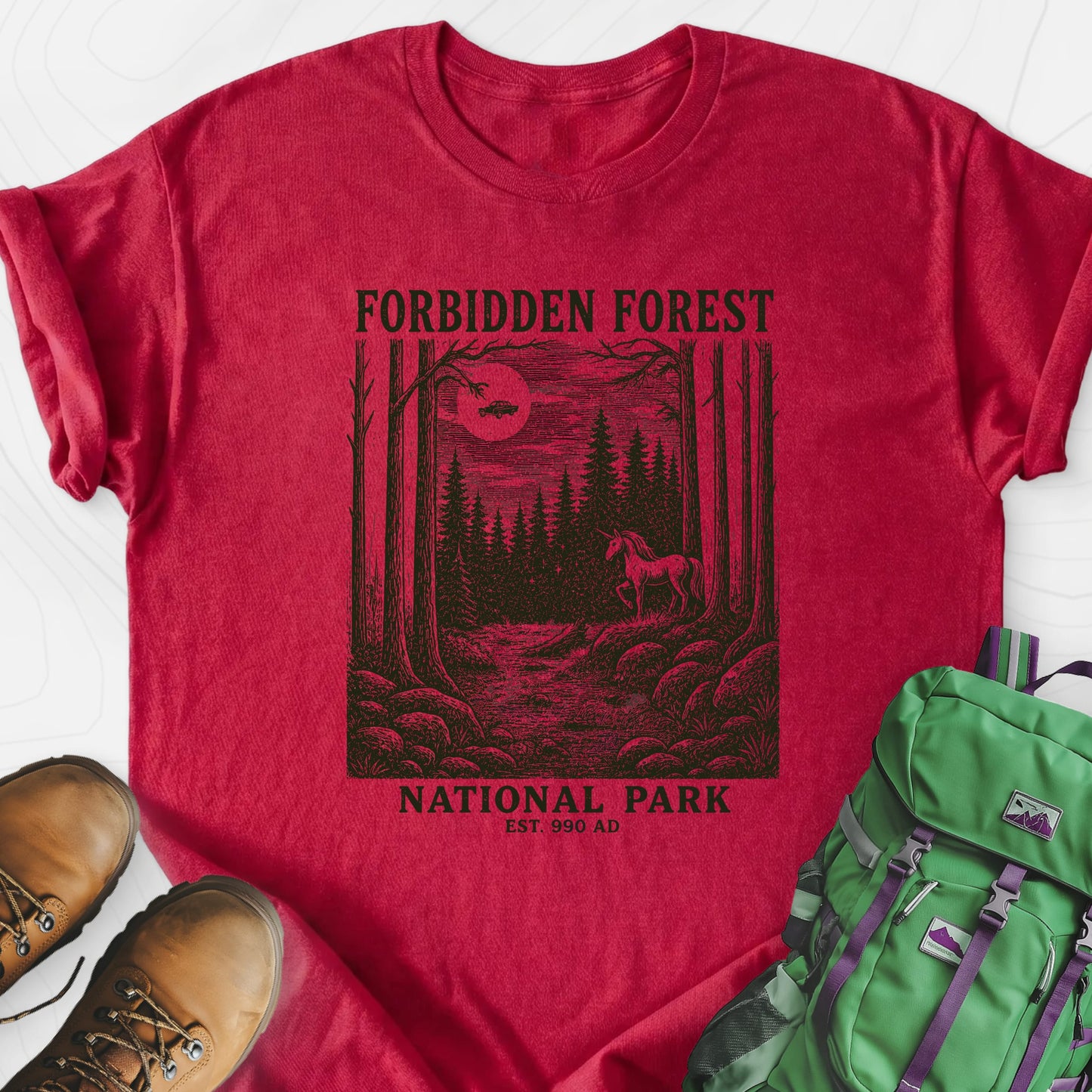 Forbidden Forest Heather Red front print lightweight T-shirt