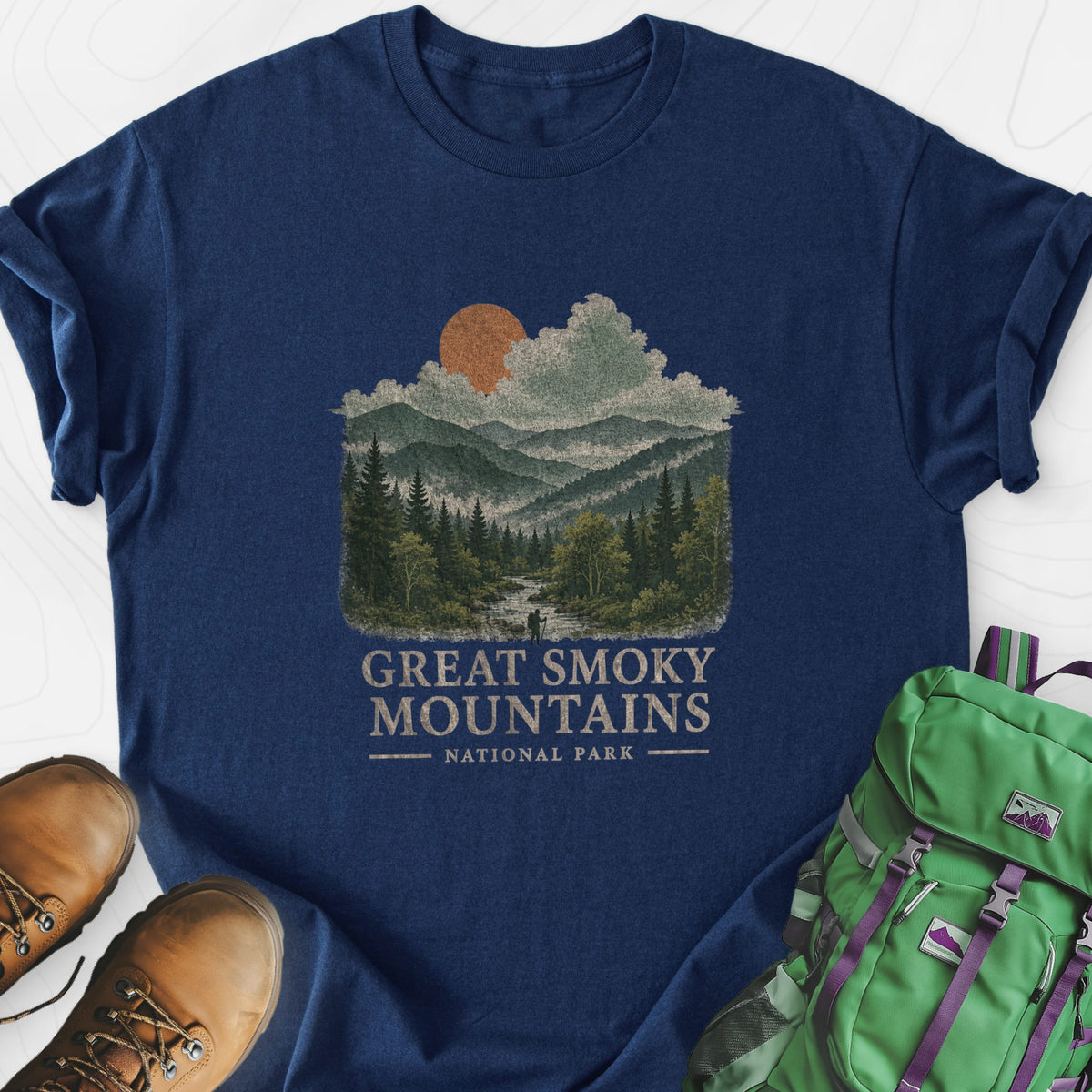 Smoky Mountain View Navy front print lightweight T-shirt