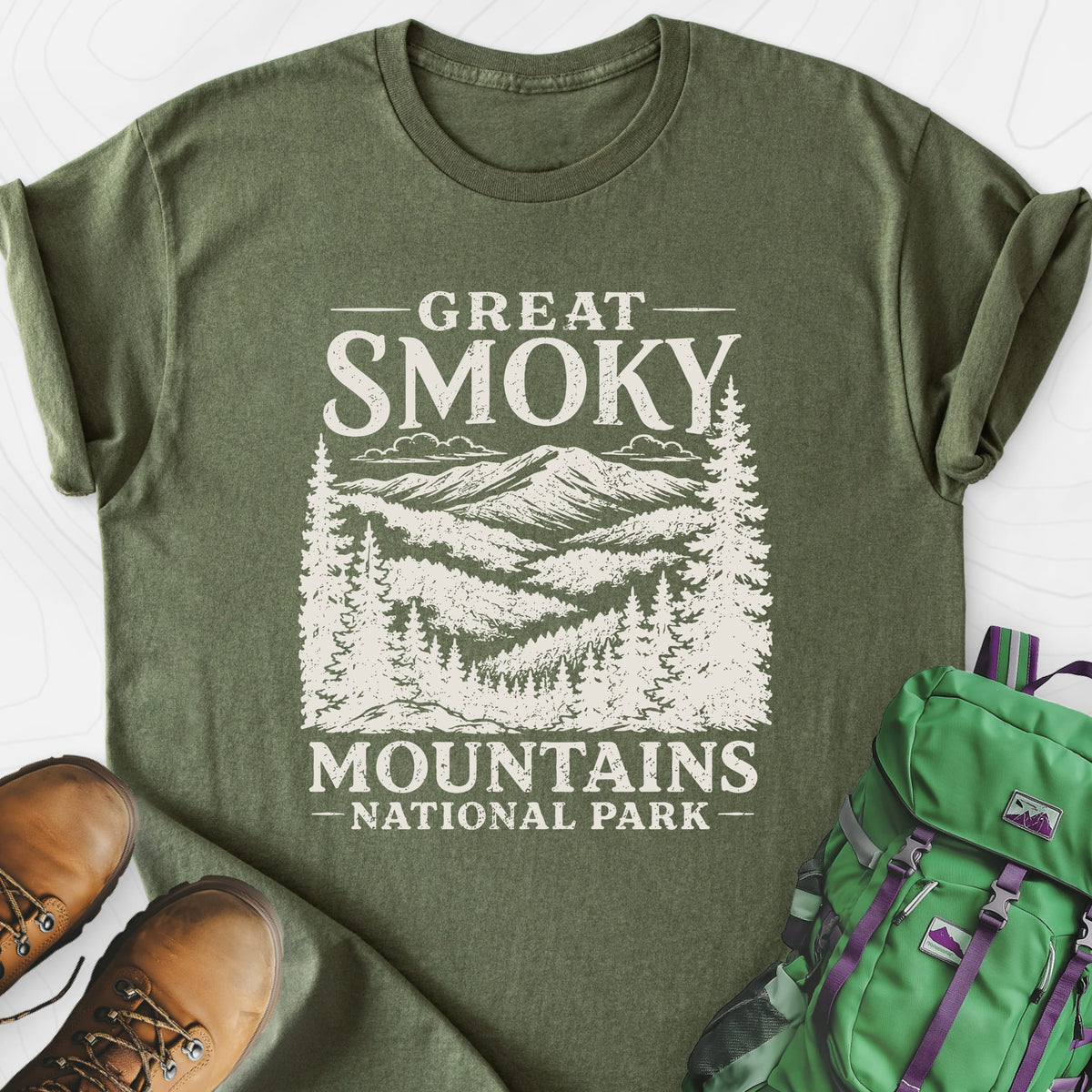 Great Smoky Mountains Military Green front print lightweight T-shirt