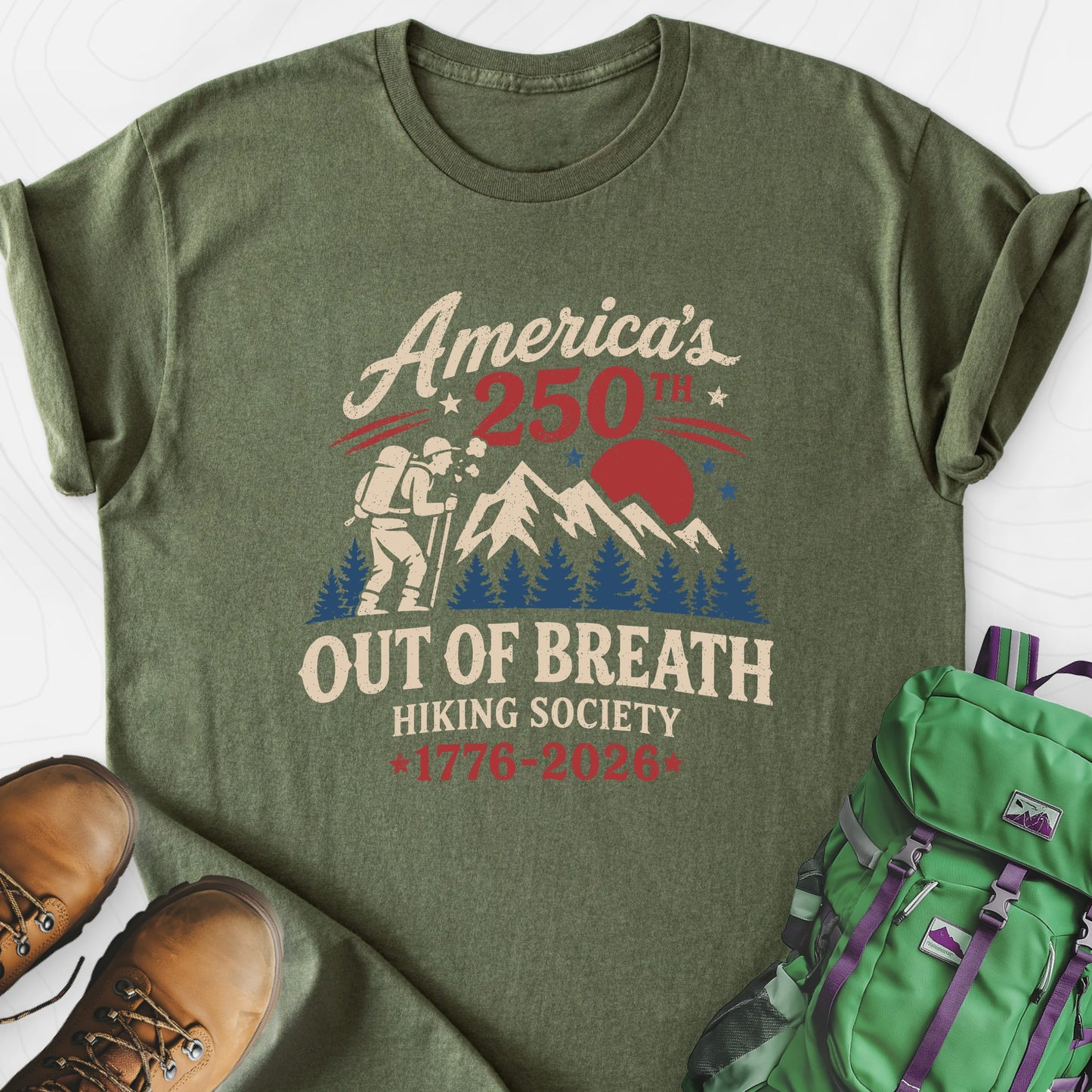 Out of Breath 250th Military Green front print lightweight T-shirt