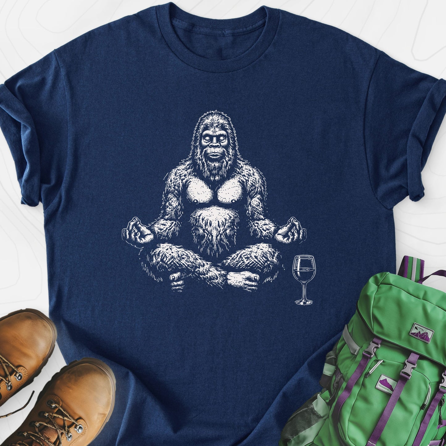 Zen Squatch Sip Navy front print lightweight T-shirt