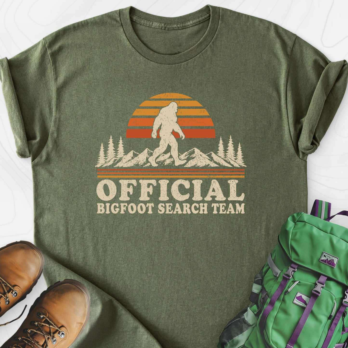 Squatch Search Team Military Green front print lightweight T-shirt