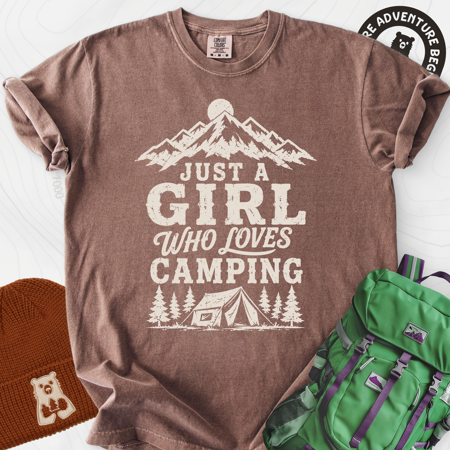 Girl Who Loves Camping Espresso front print heavyweight T-shirt