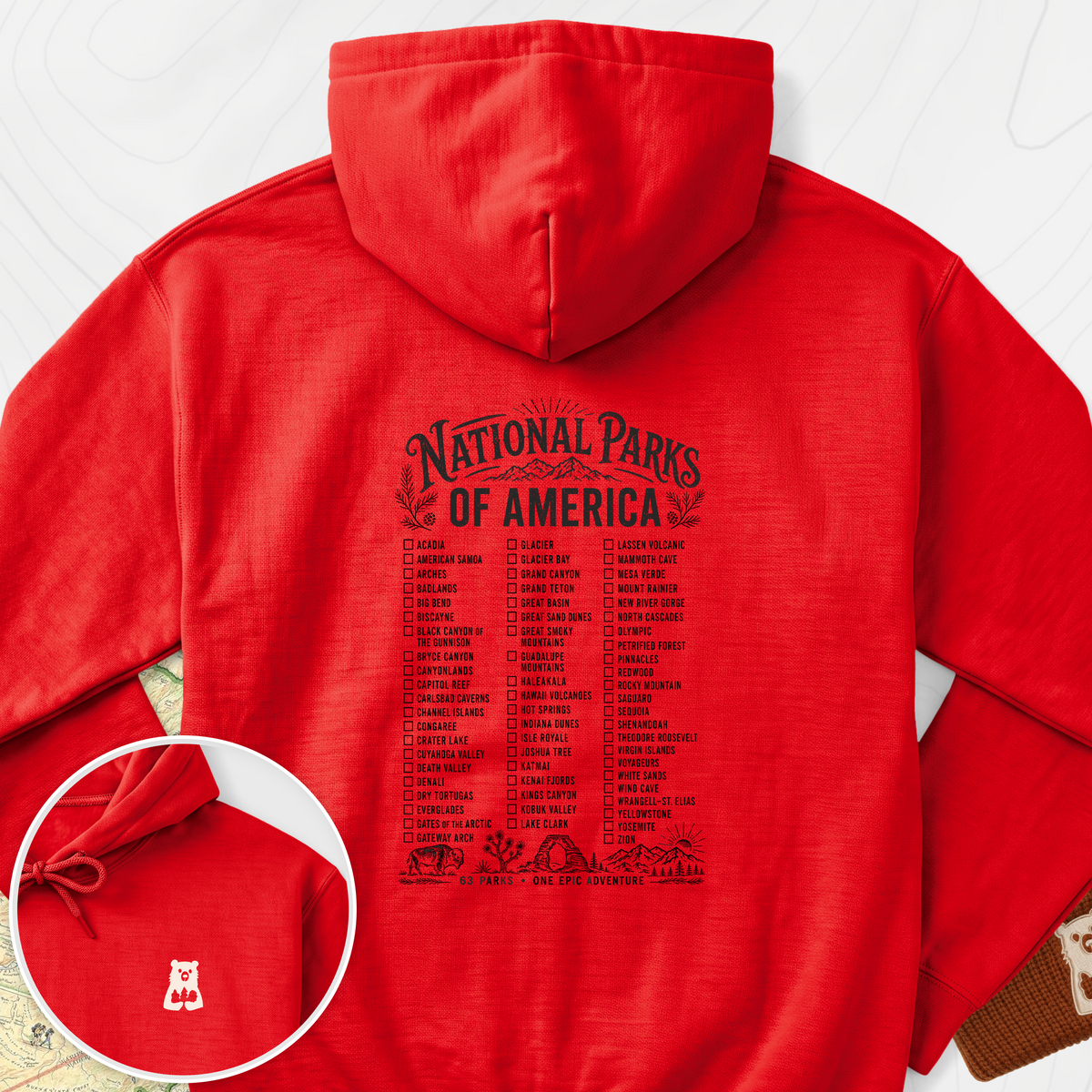 National Parks of America Back Print Hoodie - Red