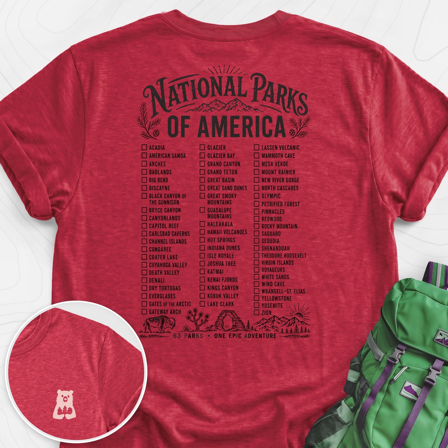 National Parks of America Heather Red back print lightweight T-shirt