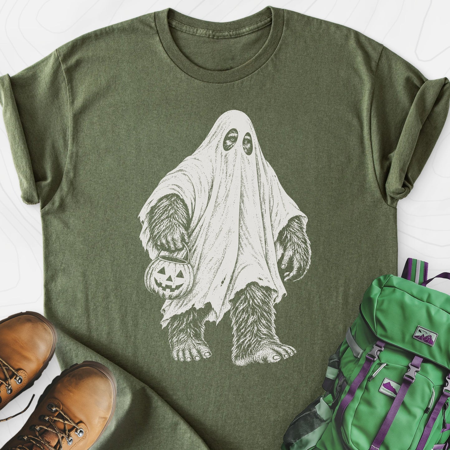 Bigfoot Ghost Military Green front print lightweight T-shirt
