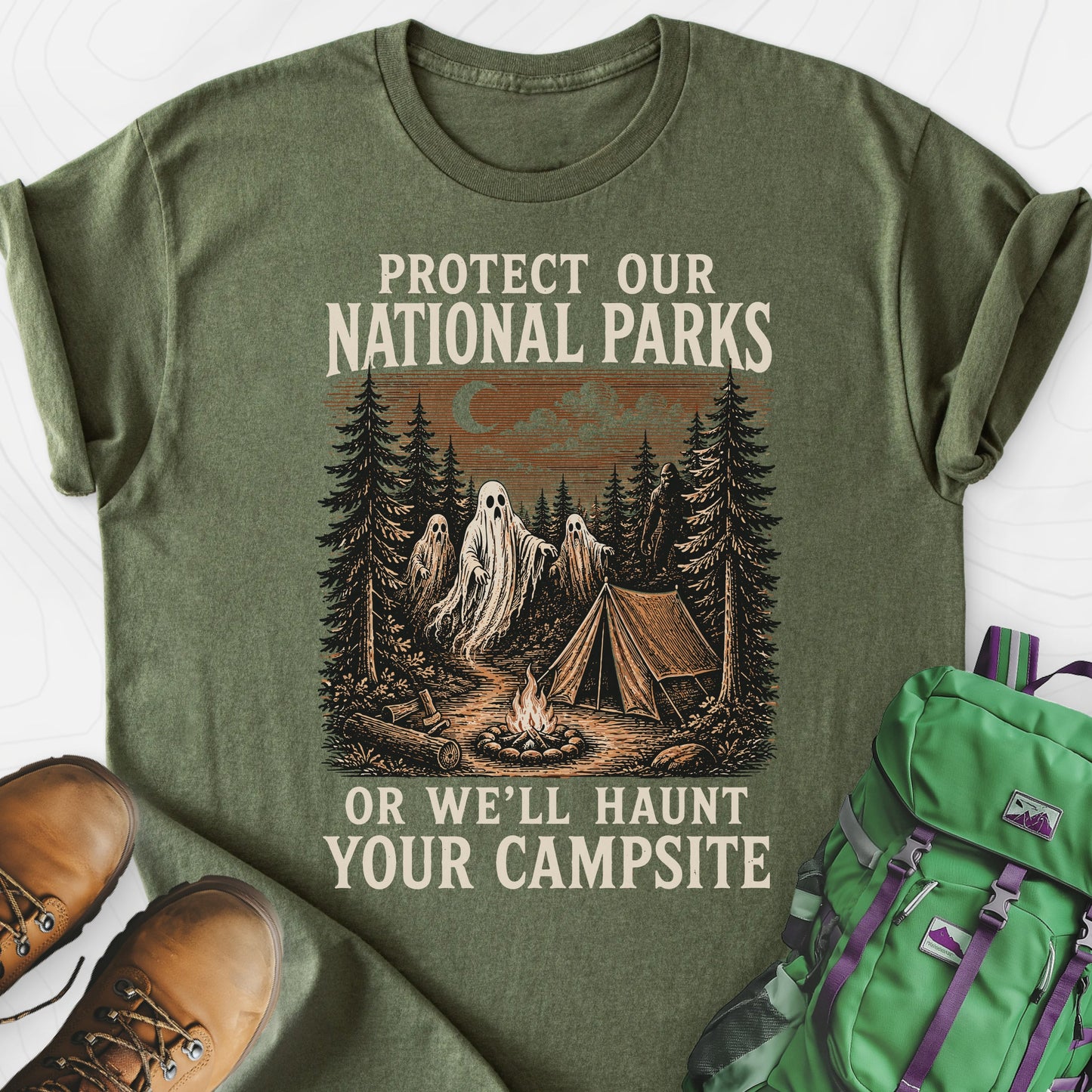 Haunted National Parks Military Green front print lightweight T-shirt