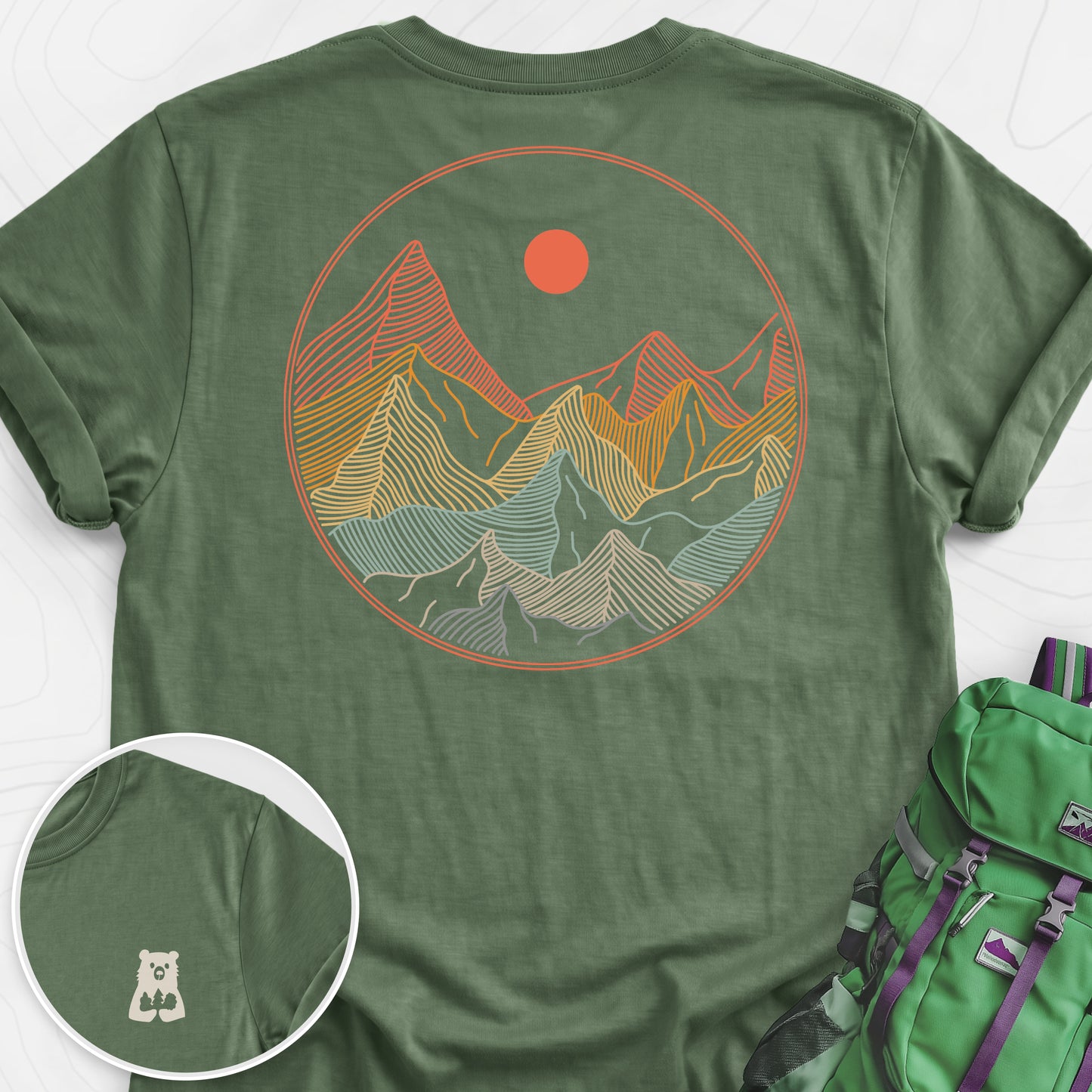 Colorful Mountains T-Shirt Military Green back print lightweight T-shirt