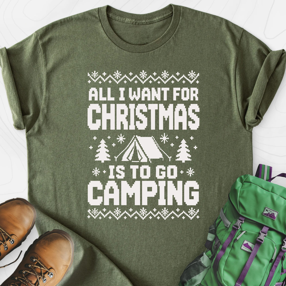 Christmas Camping Wish Military Green front print lightweight T-shirt