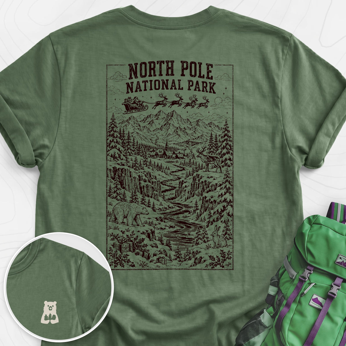 North Pole National Park Military Green back print lightweight T-shirt