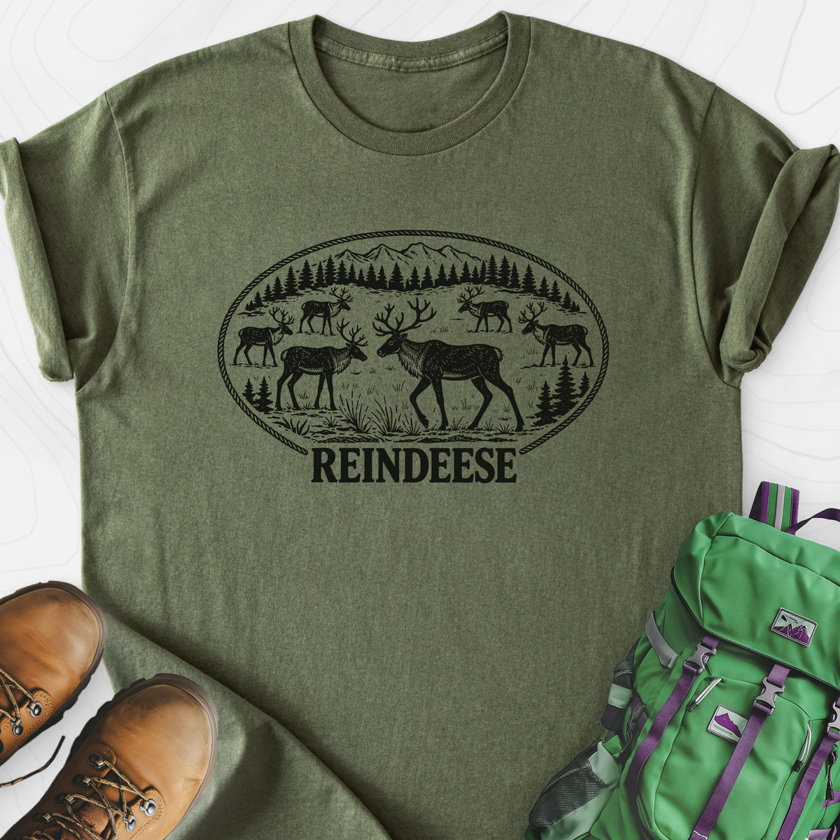 Reindeese Christmas Military Green front print lightweight T-shirt