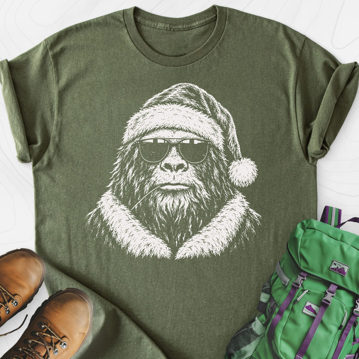 Cool Santa Squatch Military Green front print lightweight T-shirt