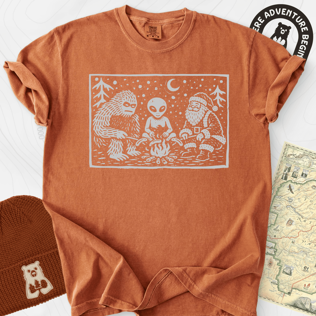 Cryptid Christmas Campfire Yam front print heavyweight T-shirt