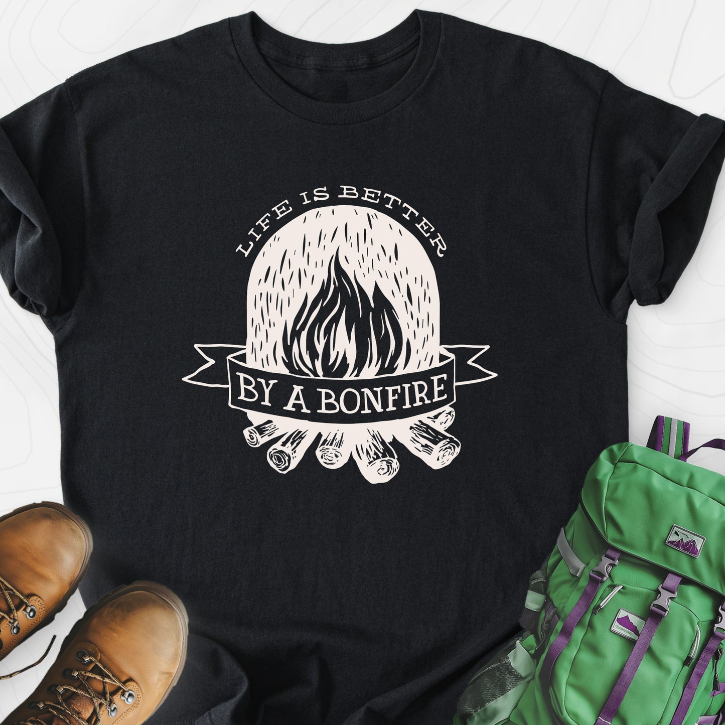 Life is Better by a Bonfire T-Shirt Black front print lightweight T-shirt
