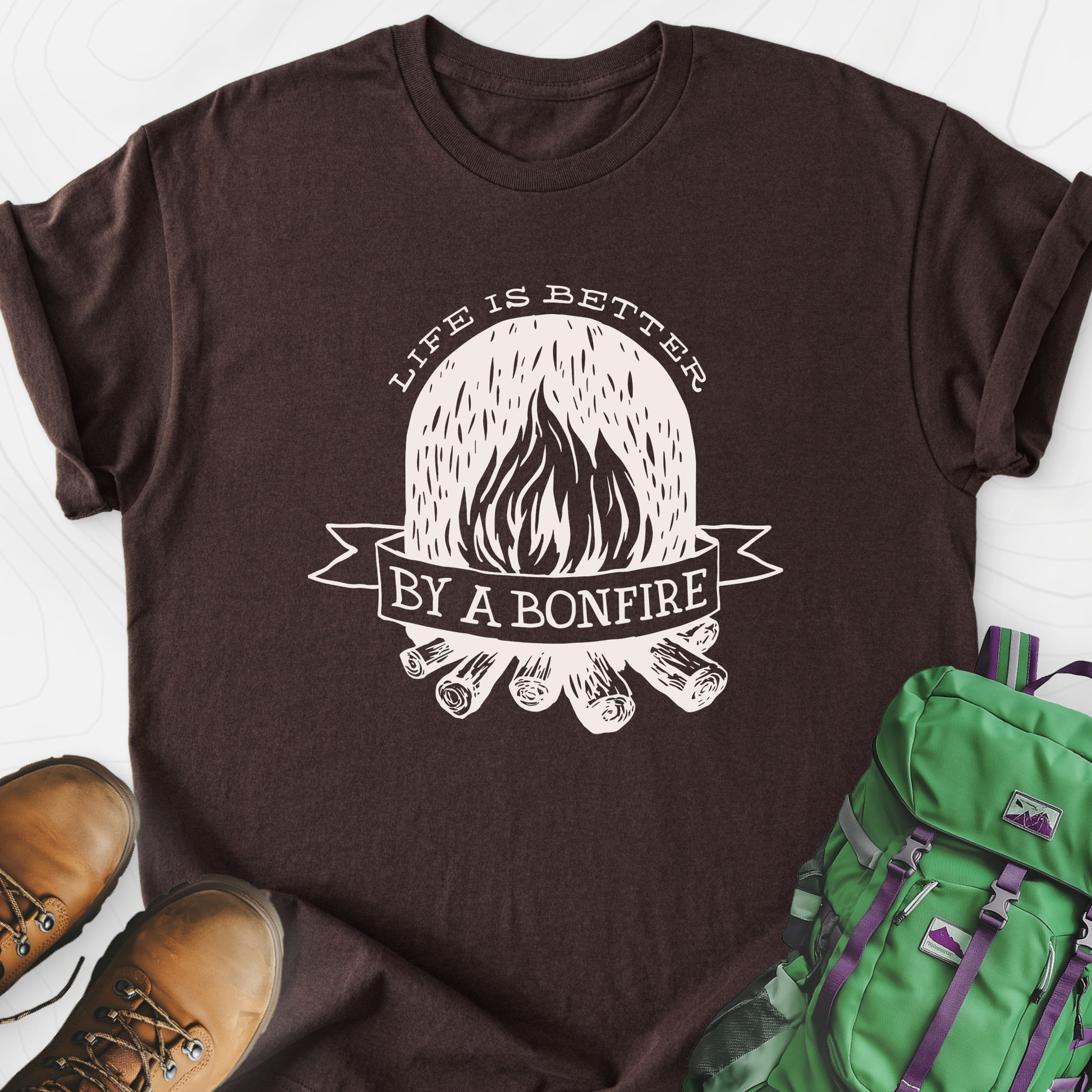 Life is Better by a Bonfire T-Shirt Dark Chocolate front print lightweight T-shirt
