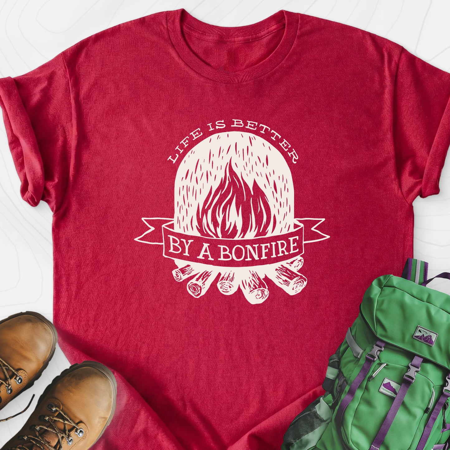 Life is Better by a Bonfire T-Shirt Heather Red front print lightweight T-shirt
