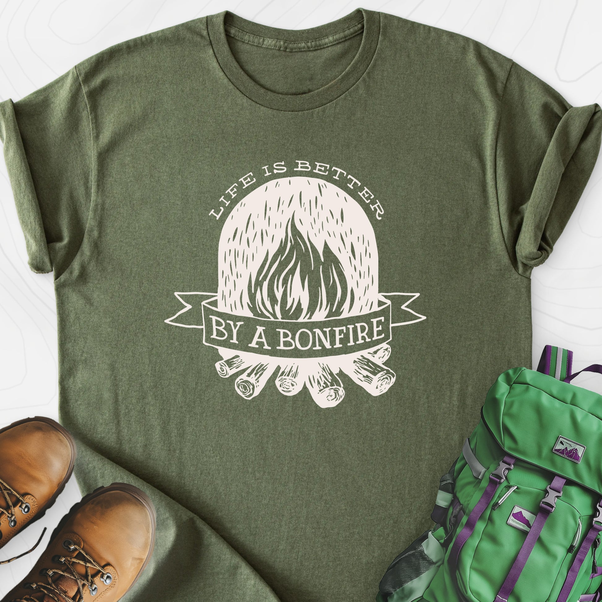 Life is Better by a Bonfire T-Shirt Military Green front print lightweight T-shirt