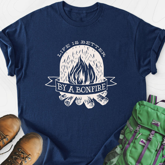 Life is Better by a Bonfire T-Shirt Navy front print lightweight T-shirt
