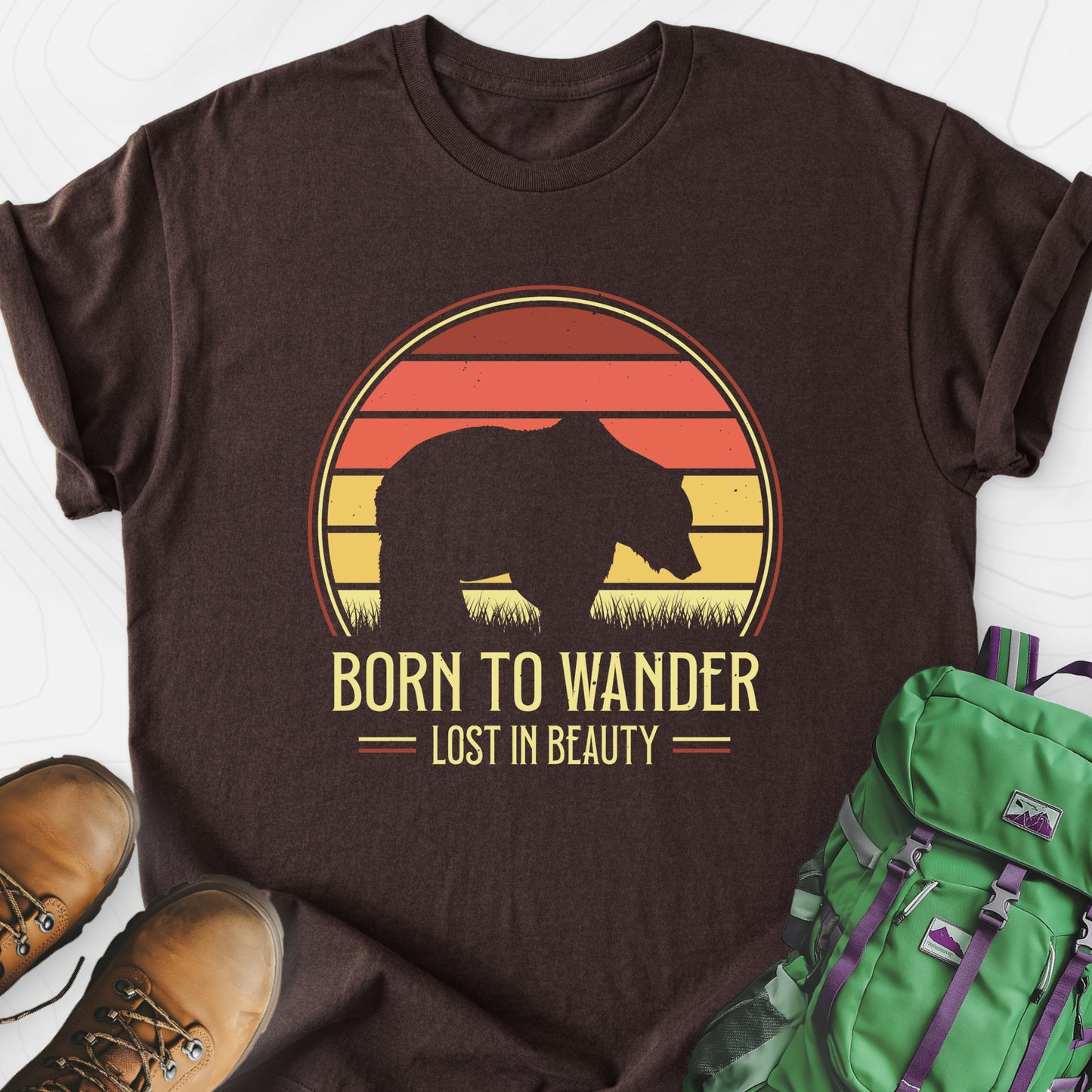 Born to Wander Dark Chocolate front print lightweight T-shirt