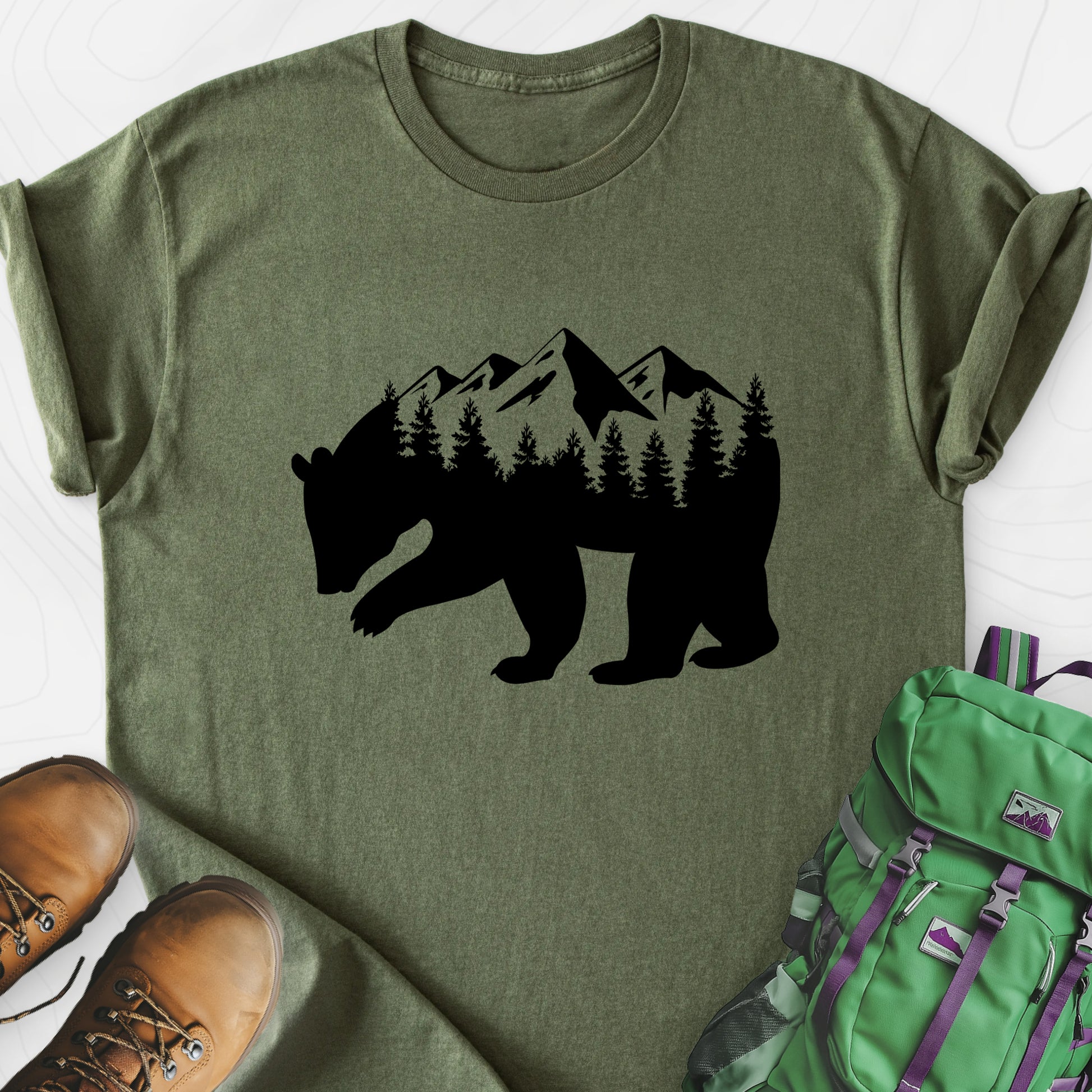 Mountain Bear Military Green front print lightweight T-shirt