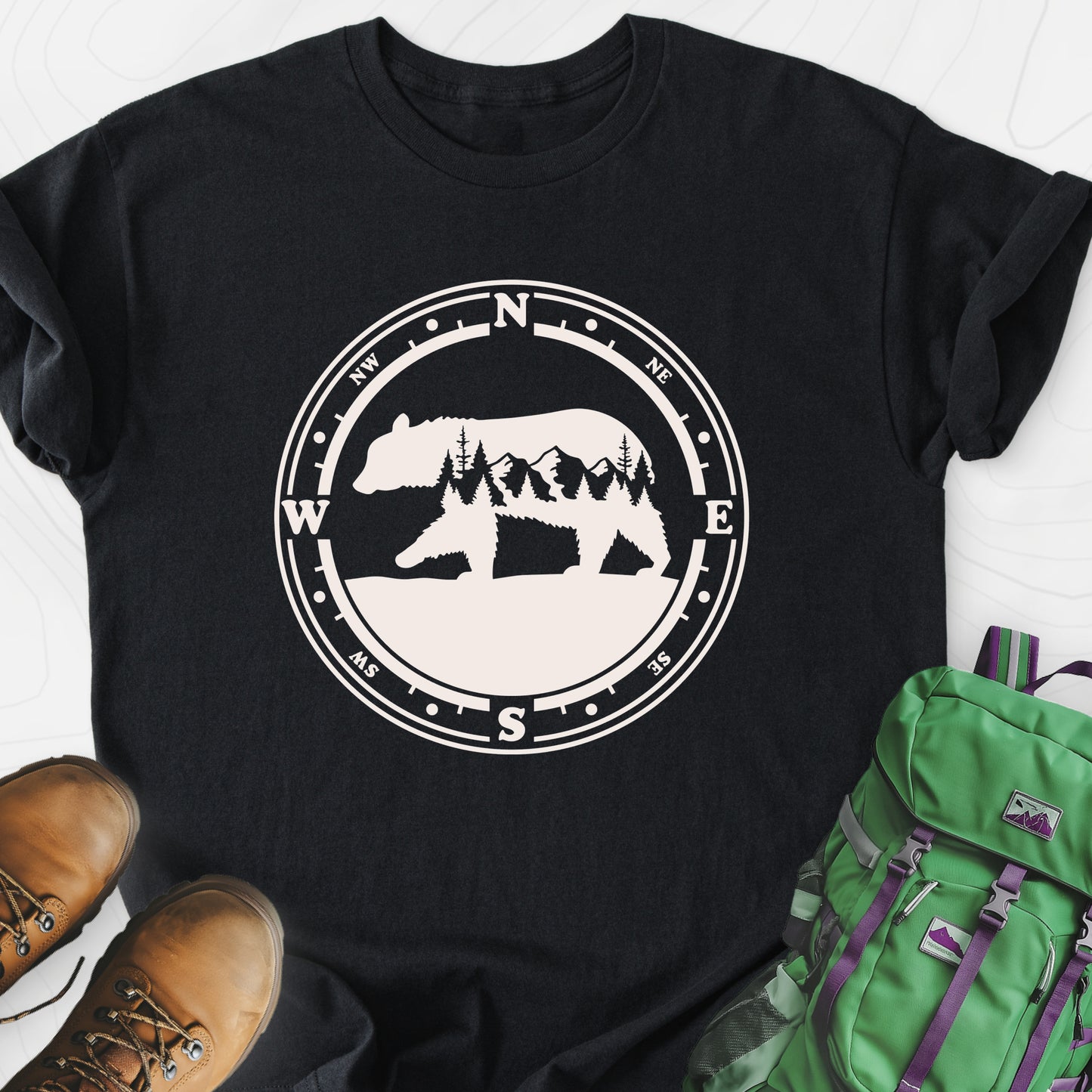 Bear Compass Black front print lightweight T-shirt