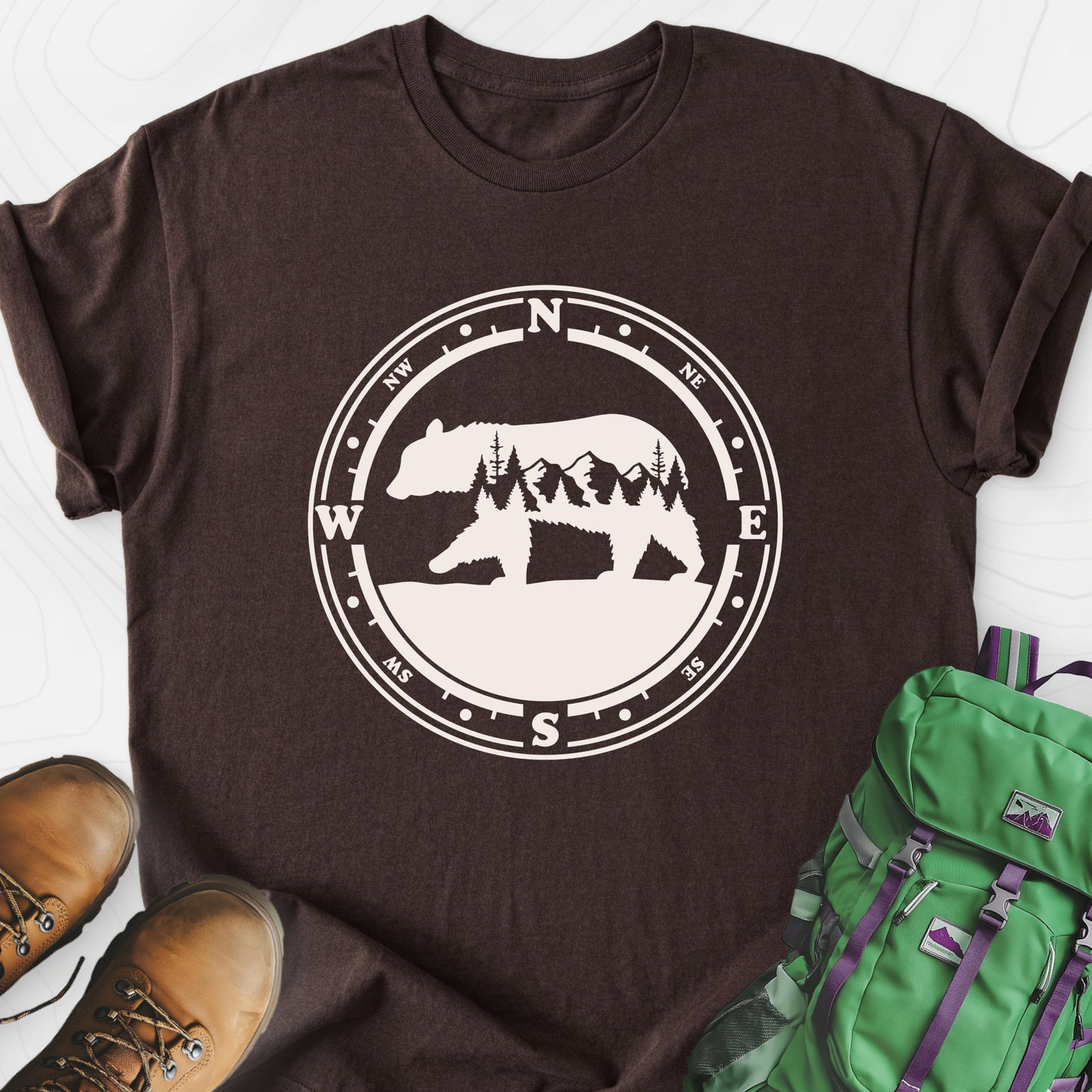 Bear Compass Dark Chocolate front print lightweight T-shirt