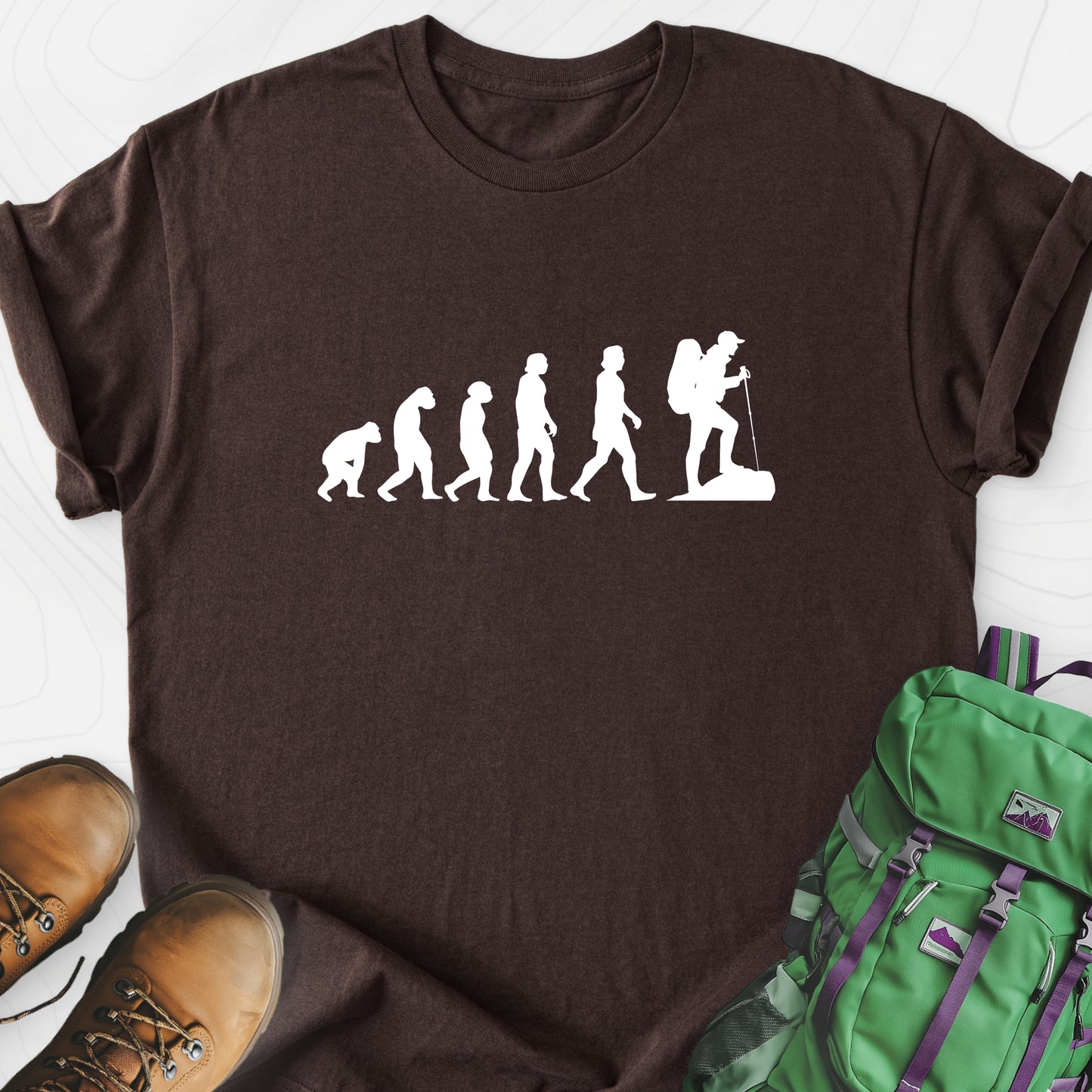 Hiking Evolution Dark Chocolate front print lightweight T-shirt