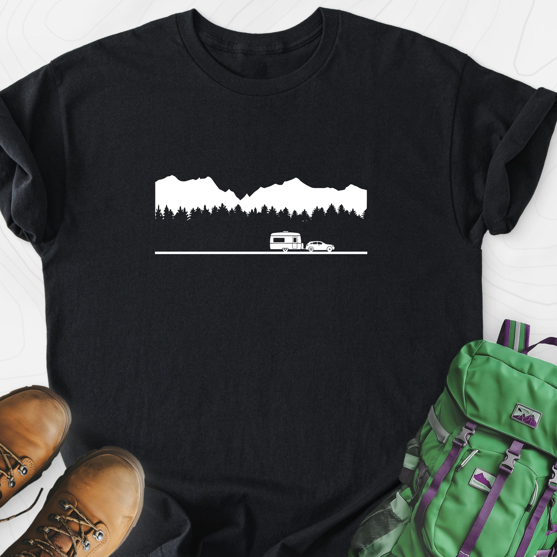 Trailer in the Mountains Black front print lightweight T-shirt