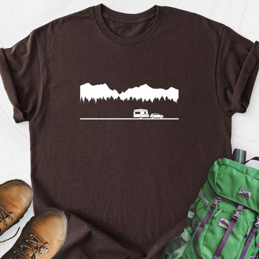 Trailer in the Mountains Dark Chocolate front print lightweight T-shirt