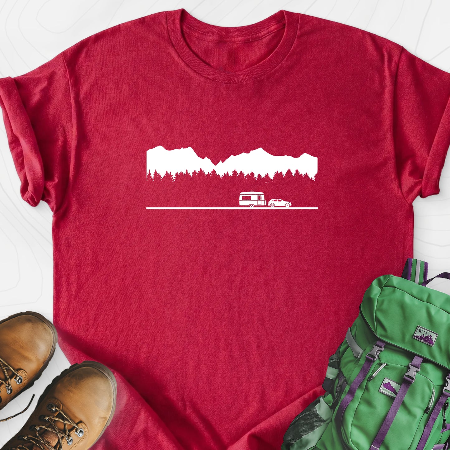 Trailer in the Mountains Heather Red front print lightweight T-shirt